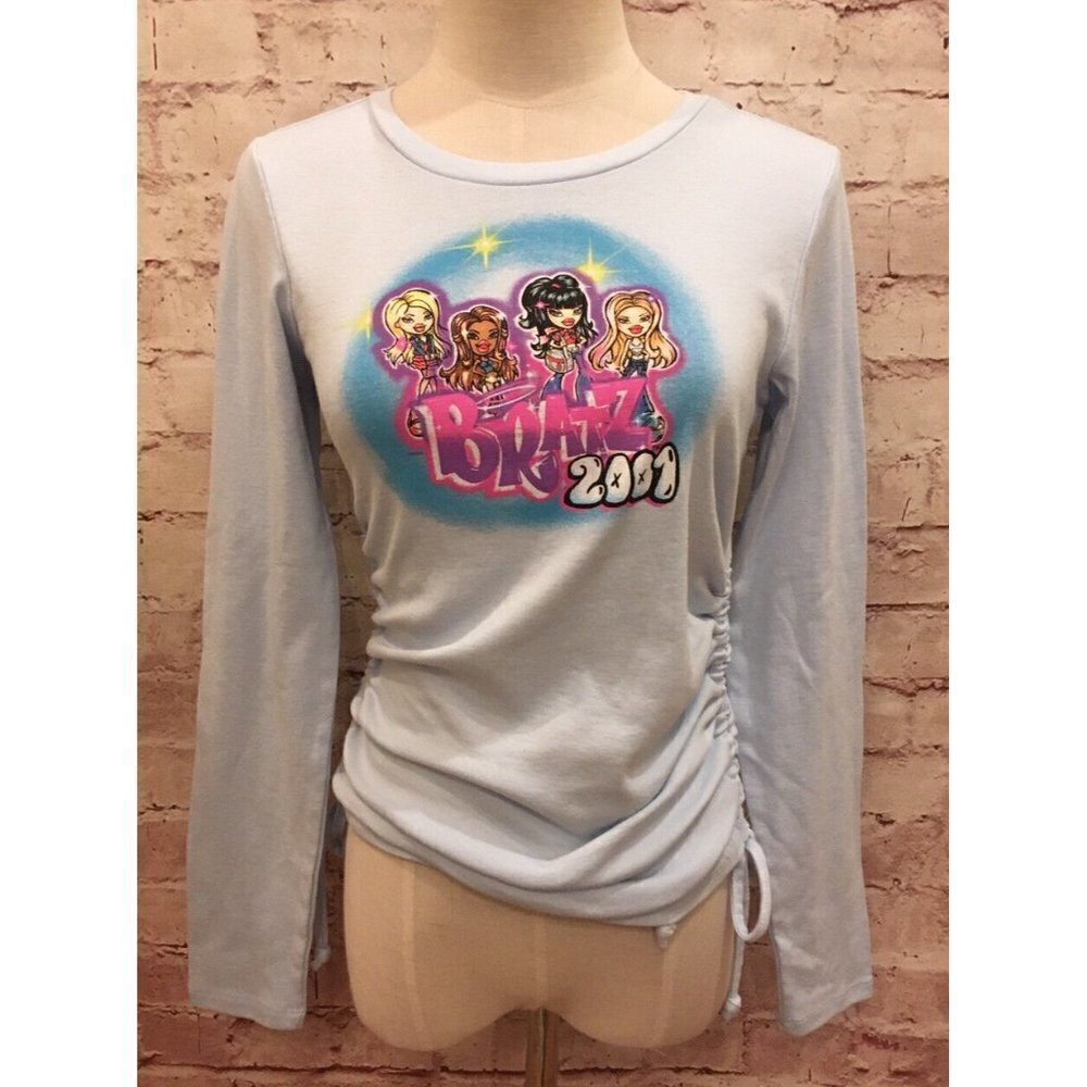 Bratz Long Sleeve Tee Shirt Ruched Sides Juniors M Light Blue Y2K NEW
